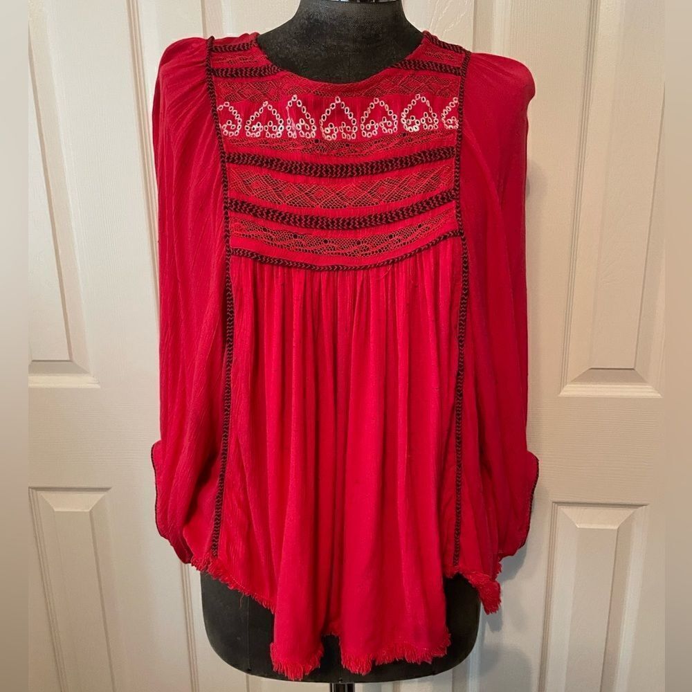 Free People Red Embroidered Blouse
